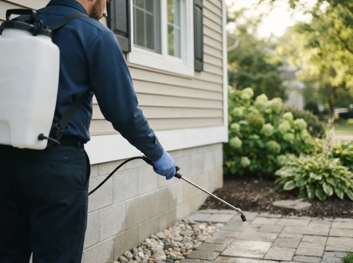 Pest control technician inspecting a home in Spencerville, OK
